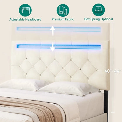 Queen Adjustable Upholstered Headboard Platform Bed Led Bed Frame with 4 Storage Drawers