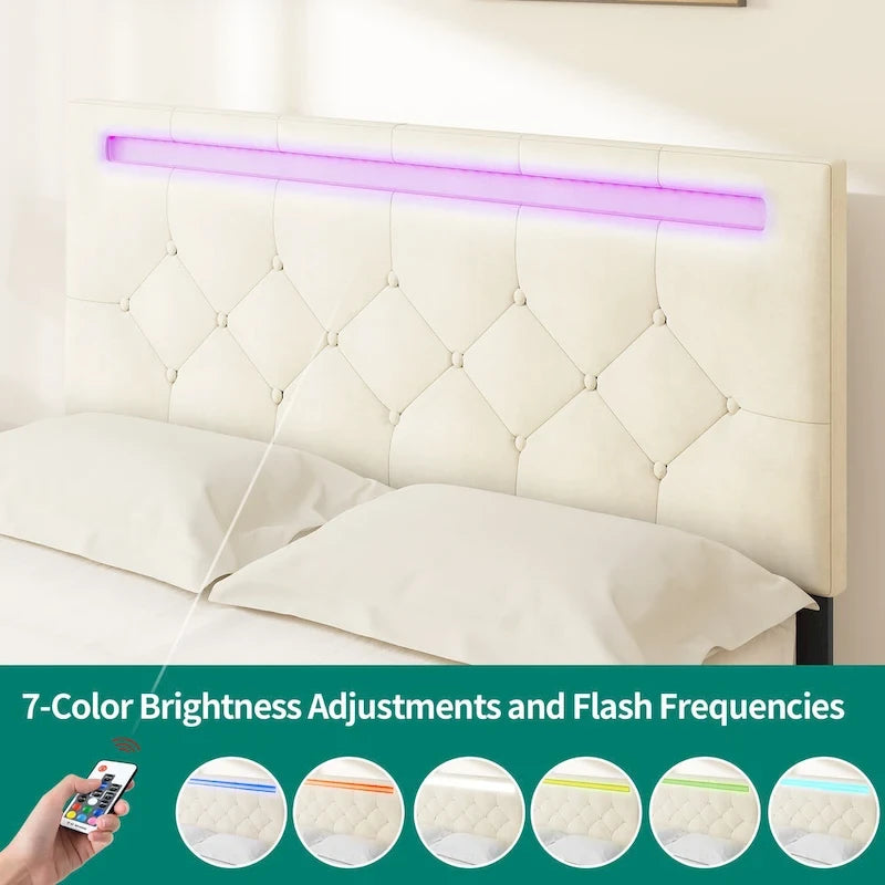 Queen Adjustable Upholstered Headboard Platform Bed Led Bed Frame with 4 Storage Drawers