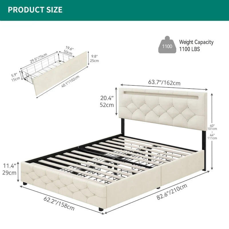 Queen Adjustable Upholstered Headboard Platform Bed Led Bed Frame with 4 Storage Drawers
