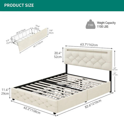 Queen Adjustable Upholstered Headboard Platform Bed Led Bed Frame with 4 Storage Drawers