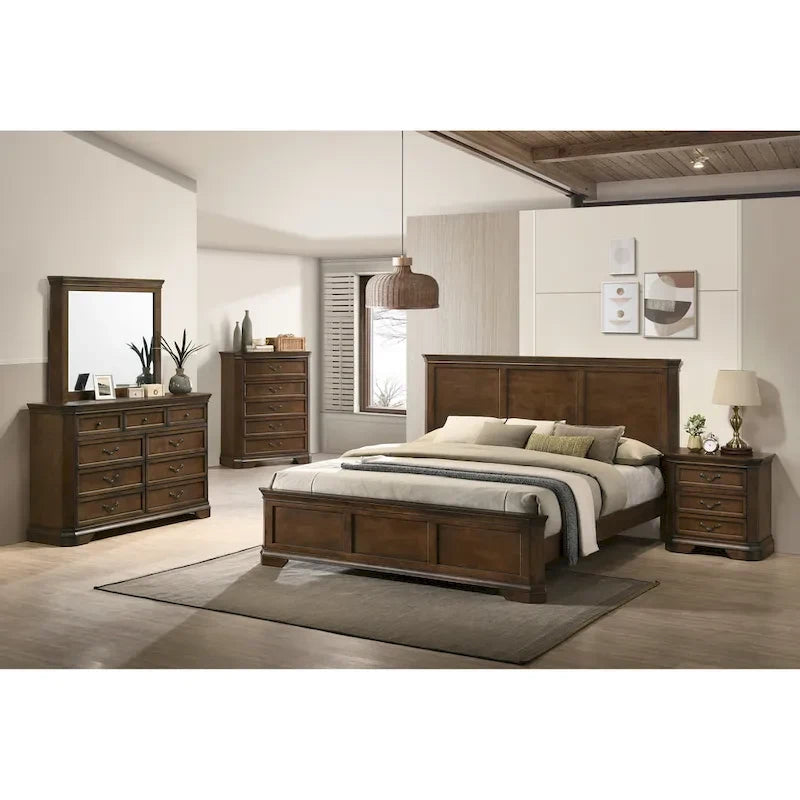  Furniture Maderne Traditional Wood Panel Bed with Dresser, Mirror, Nightstand, Chest, Antique Walnut Finish