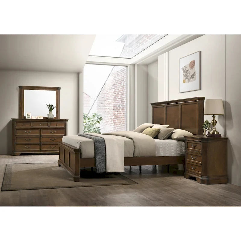 Traditional Wood Panel Bedroom Set, Antique Walnut Finish