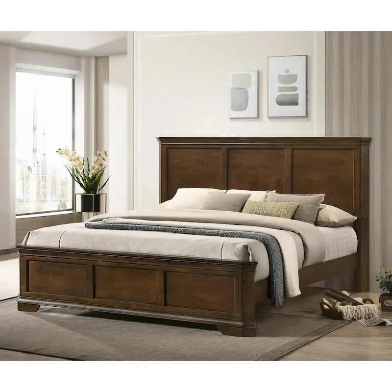 Traditional Wood Panel Bedroom Set, Antique Walnut Finish