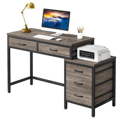 5 Drawers Computer Desk, Study Writing Desk with Reversible Filing Cabinet for Home Office