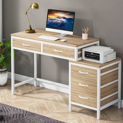 5 Drawers Computer Desk, Study Writing Desk with Reversible Filing Cabinet for Home Office