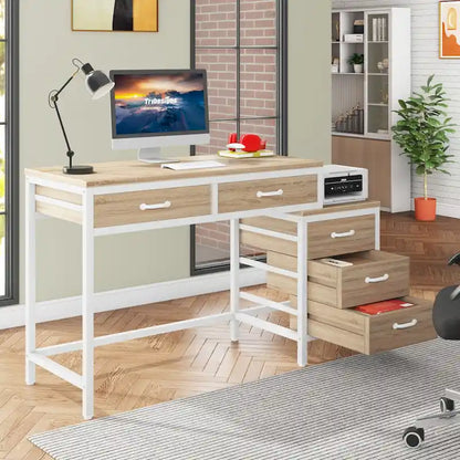5 Drawers Computer Desk, Study Writing Desk with Reversible Filing Cabinet for Home Office