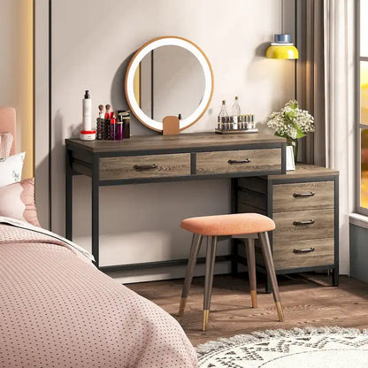 5 Drawers Computer Desk, Study Writing Desk with Reversible Filing Cabinet for Home Office