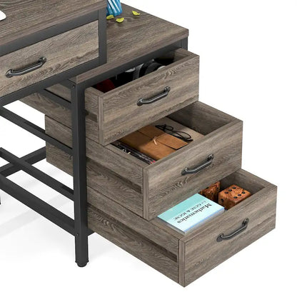 5 Drawers Computer Desk, Study Writing Desk with Reversible Filing Cabinet for Home Office