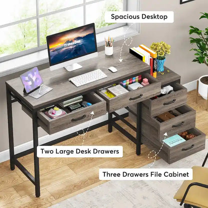 5 Drawers Computer Desk, Study Writing Desk with Reversible Filing Cabinet for Home Office