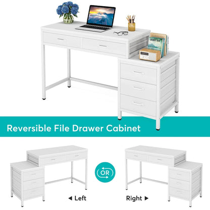 5 Drawers Computer Desk, Study Writing Desk with Reversible Filing Cabinet for Home Office