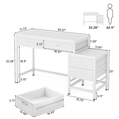 5 Drawers Computer Desk, Study Writing Desk with Reversible Filing Cabinet for Home Office