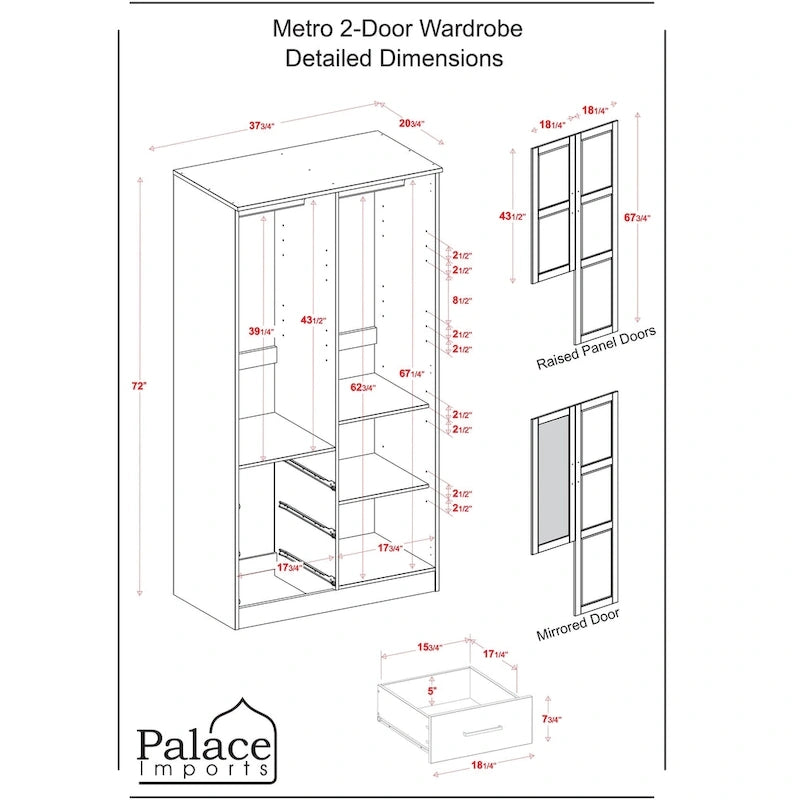 Imports 100% Solid Wood Metro Wardrobe Armoire with Solid Wood or Mirrored Doors