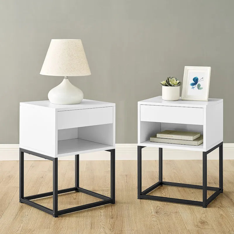  Simple End Table with Drawer and Shelf for Any Room,Nightstand,Metal Leg Design