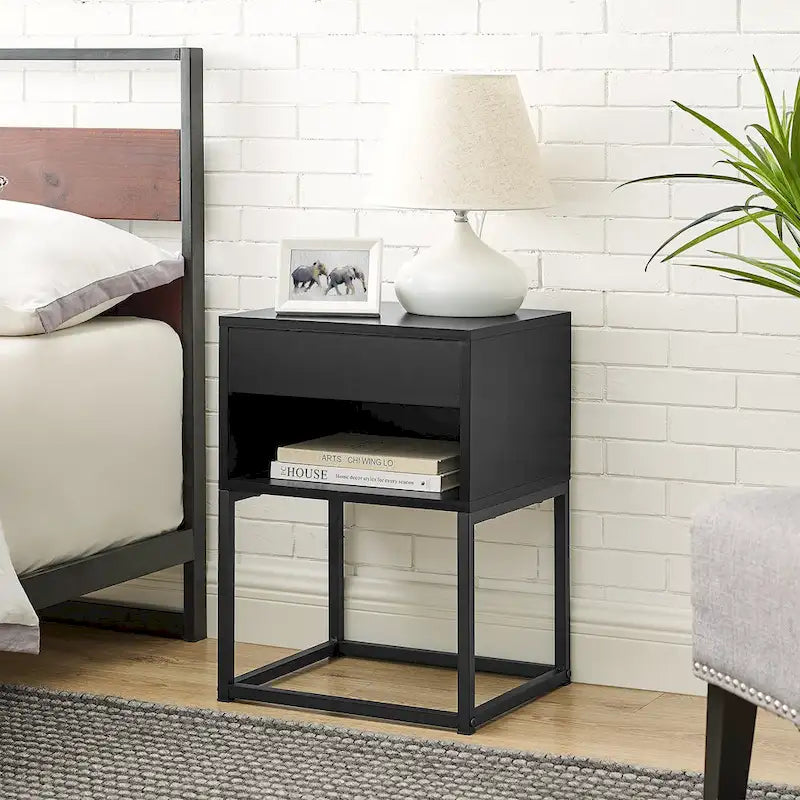 Simple End Table with Drawer and Shelf for Any Room,Nightstand,Metal Leg Design