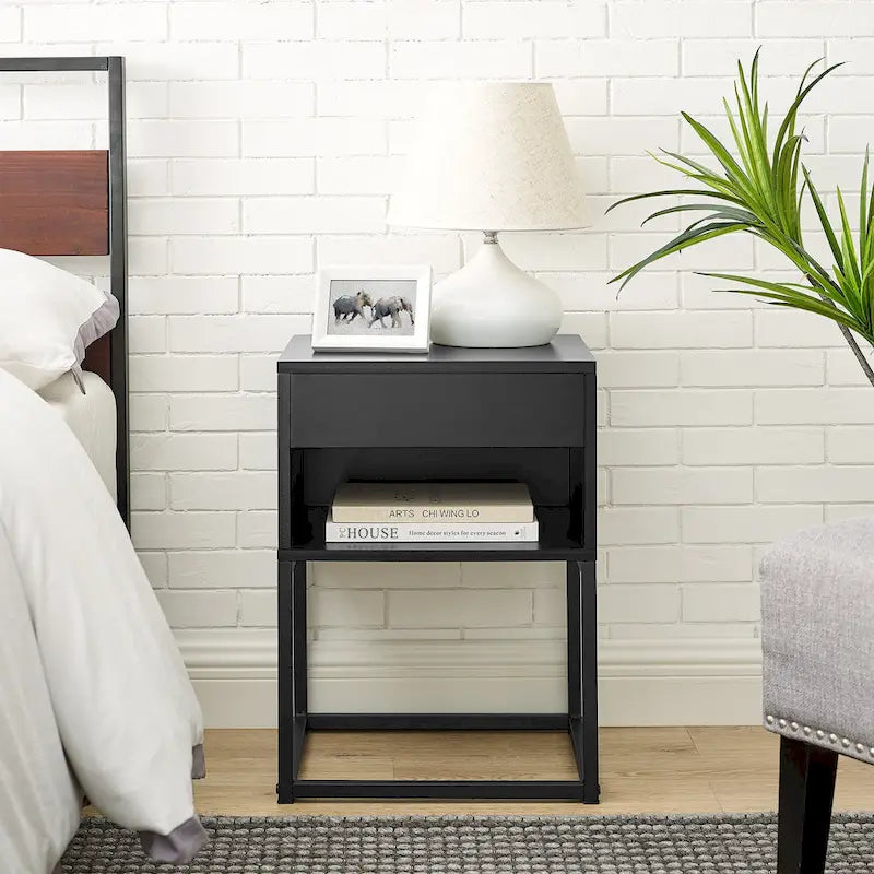 Simple End Table with Drawer and Shelf for Any Room,Nightstand,Metal Leg Design