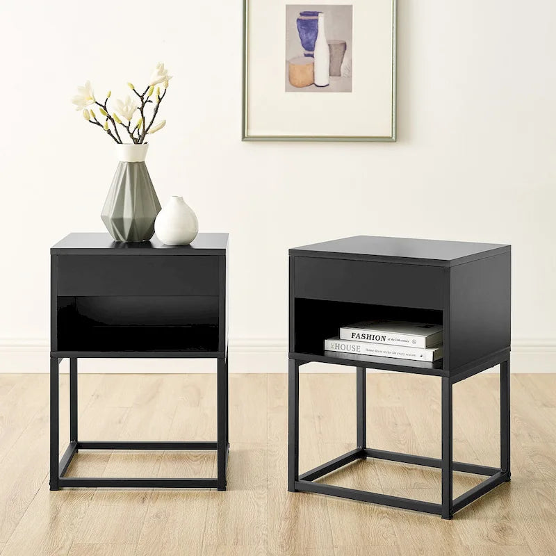 Simple End Table with Drawer and Shelf for Any Room,Nightstand,Metal Leg Design