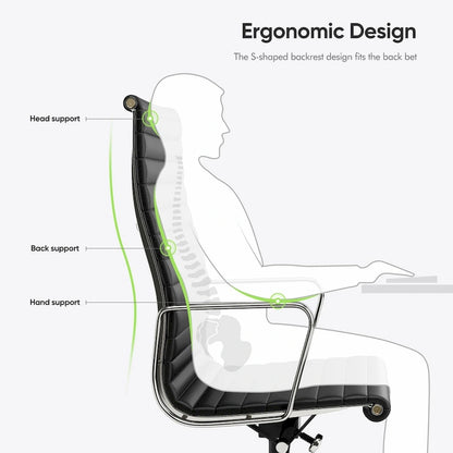 High Back Ergonomic Genuine Leather Ribbed Office Computer Chair - N/A