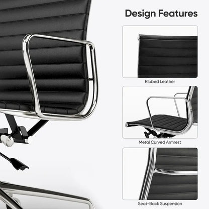 High Back Ergonomic Genuine Leather Ribbed Office Computer Chair - N/A