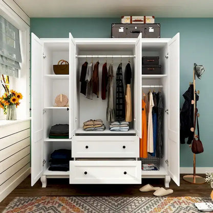 63W Wood Family Wardrobe Armoire Closet White Lacquer Clothing Rods