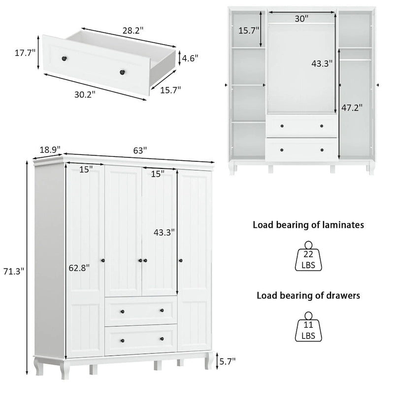 63W Wood Family Wardrobe Armoire Closet White Lacquer Clothing Rods