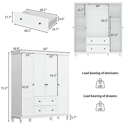 63W Wood Family Wardrobe Armoire Closet White Lacquer Clothing Rods