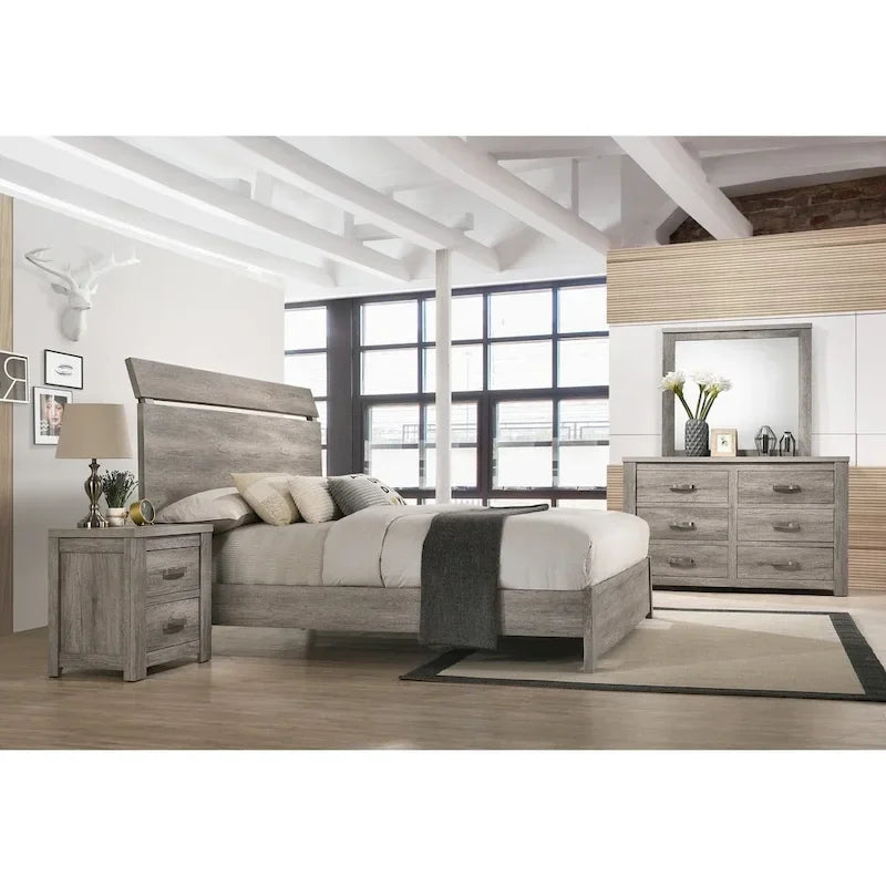 Furniture Floren Contemporary Weathered Gray Wood Bedroom Set, Panel Bed, Dresser, Mirror, Nightstand