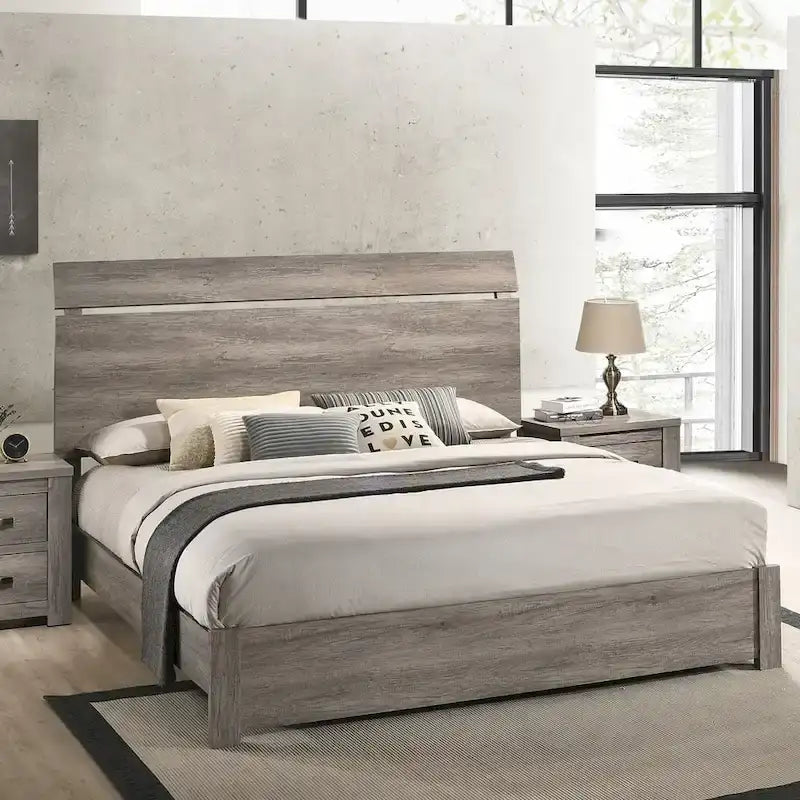 Contemporary Weathered Gray Wood Bedroom Set – Panel Bed, Dresser, Mirror & Nightstand