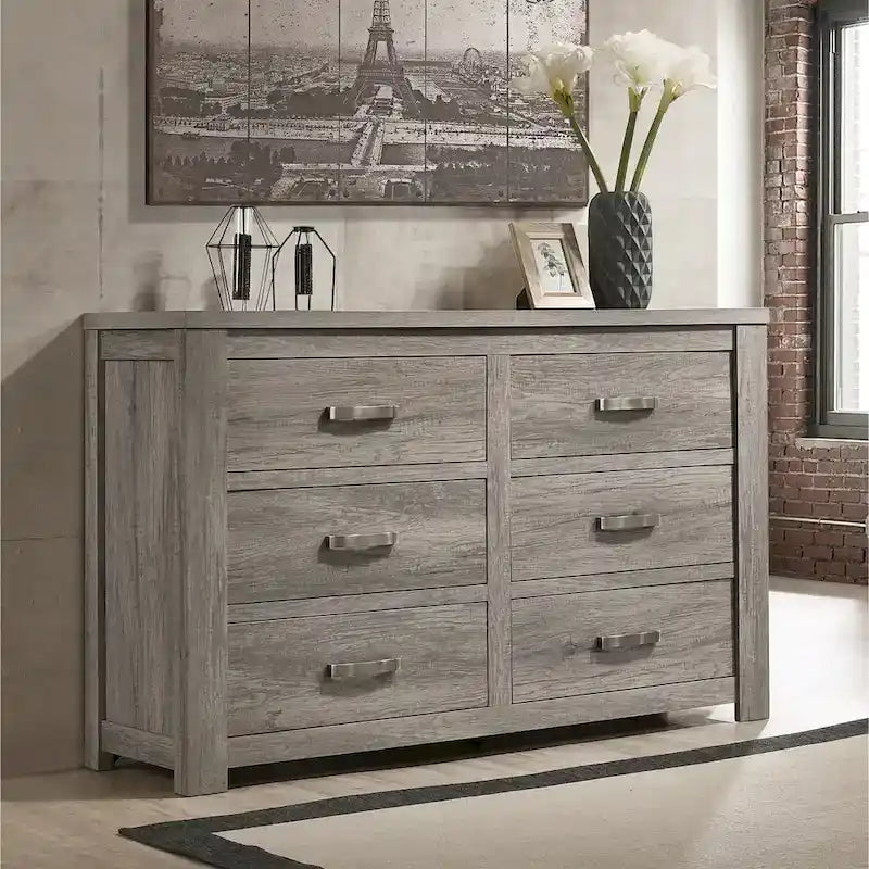 Contemporary Weathered Gray Wood Bedroom Set – Panel Bed, Dresser, Mirror & Nightstand