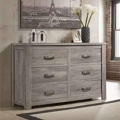 Contemporary Weathered Gray Wood Bedroom Set – Panel Bed, Dresser, Mirror & Nightstand