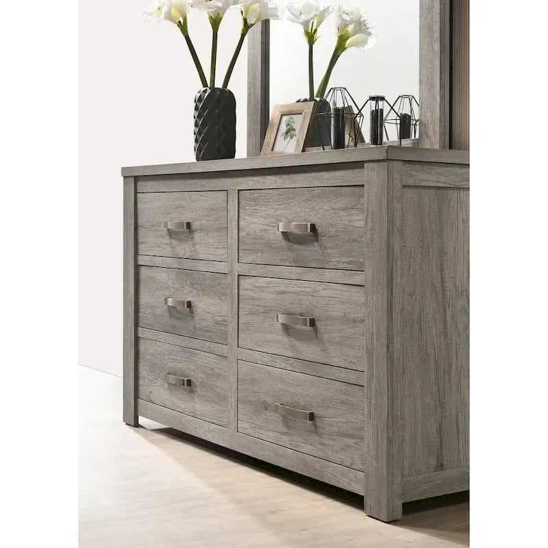 Contemporary Weathered Gray Wood Bedroom Set – Panel Bed, Dresser, Mirror & Nightstand