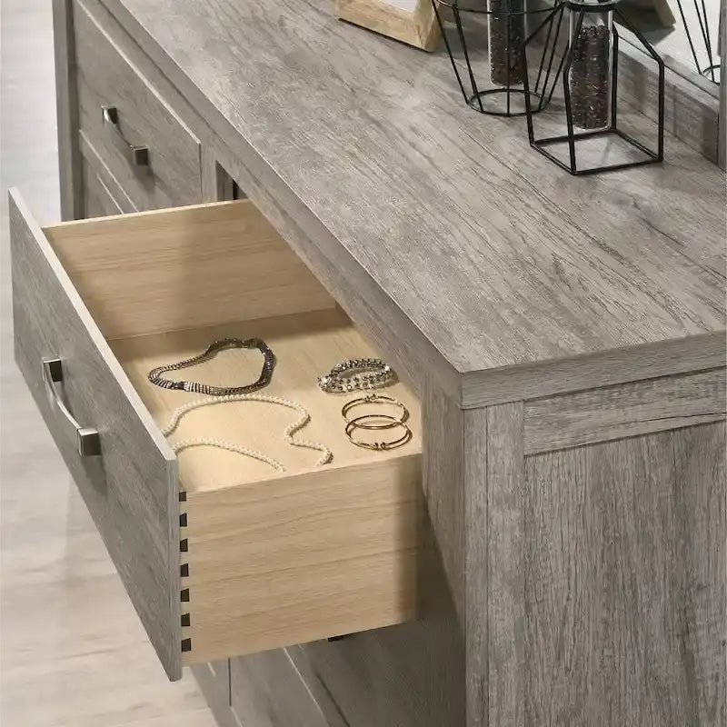 Contemporary Weathered Gray Wood Bedroom Set – Panel Bed, Dresser, Mirror & Nightstand