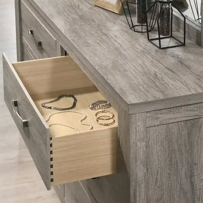 Contemporary Weathered Gray Wood Bedroom Set – Panel Bed, Dresser, Mirror & Nightstand