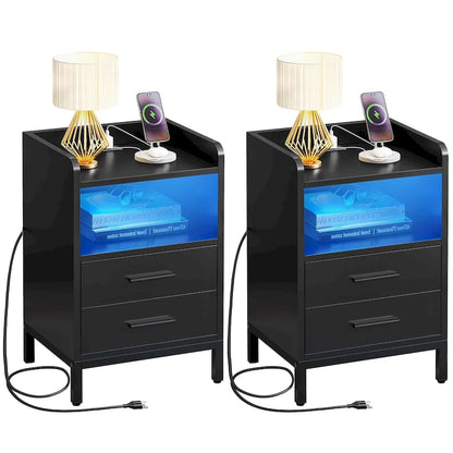 Set of 2 2-Drawers Nightstand with USB Charging Station for Bedroom Living Room