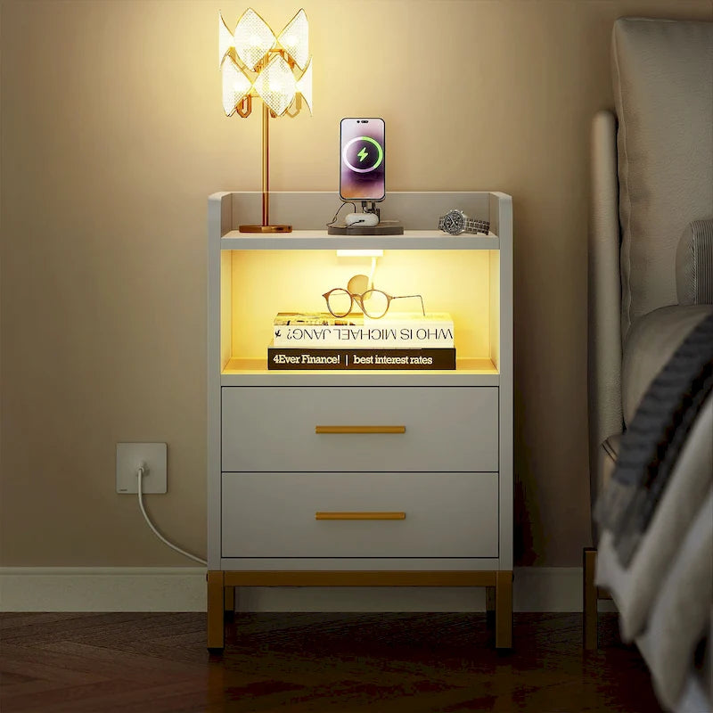  Set of 2 2-Drawers Nightstand with USB Charging Station for Bedroom Living Room
