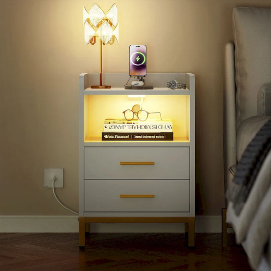  Set of 2 2-Drawers Nightstand with USB Charging Station for Bedroom Living Room