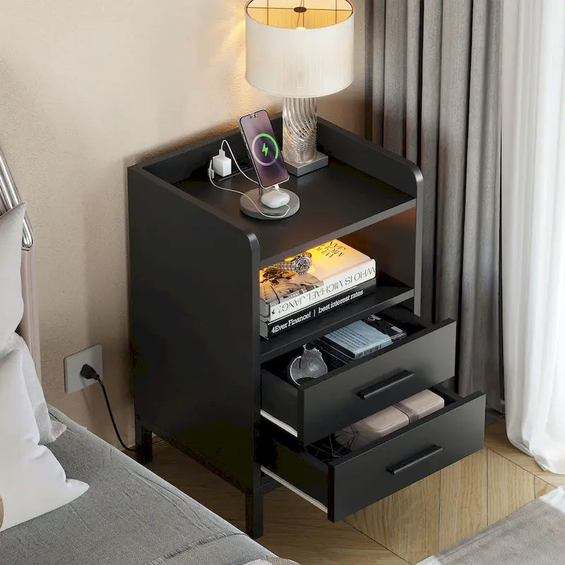 Set of 2 2-Drawers Nightstand with USB Charging Station for Bedroom Living Room