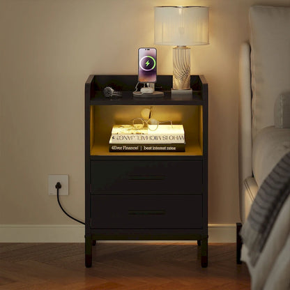Set of 2 2-Drawers Nightstand with USB Charging Station for Bedroom Living Room