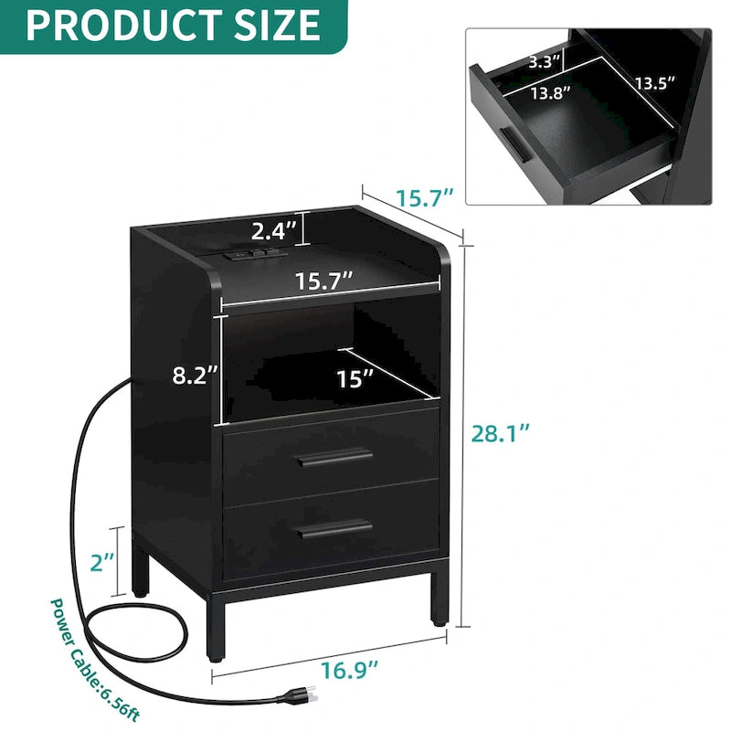 Set of 2 2-Drawers Nightstand with USB Charging Station for Bedroom Living Room
