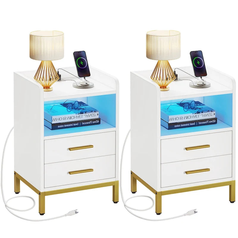 Set of 2 2-Drawers Nightstand with USB Charging Station for Bedroom Living Room