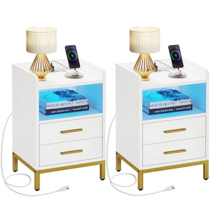 Set of 2 2-Drawers Nightstand with USB Charging Station for Bedroom Living Room