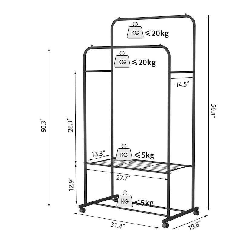 Rolling Garment Rack Clothes Metal Stand Shelf