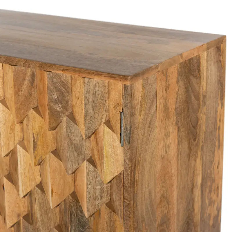 36 Inch Handcrafted Accent Cabinet, 2 Honeycomb Inlaid Doors, Mango Wood, Natural Brown