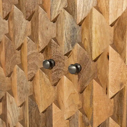 36 Inch Handcrafted Accent Cabinet, 2 Honeycomb Inlaid Doors, Mango Wood, Natural Brown