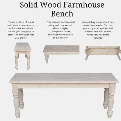 Unfinished Farmhouse Dining Bench, Solid Wood