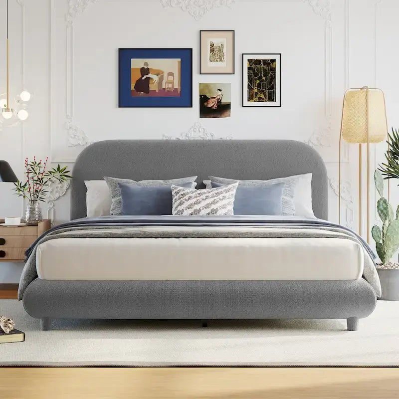Teddy Fleece Queen Size Upholstered Platform Bed with Thick Fabric, Solid Frame and Stylish Curve-shaped Design