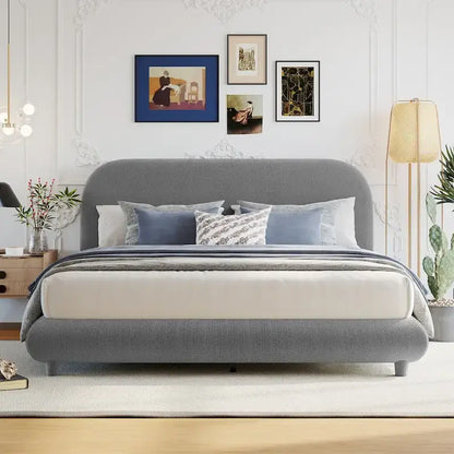 Teddy Fleece Queen Size Upholstered Platform Bed with Thick Fabric, Solid Frame and Stylish Curve-shaped Design