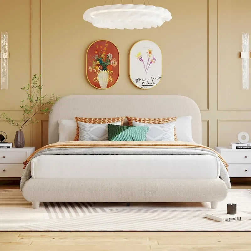 Teddy Fleece Queen Size Upholstered Platform Bed with Thick Fabric, Solid Frame and Stylish Curve-shaped Design