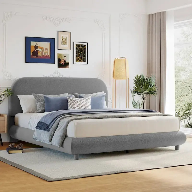 Teddy Fleece Queen Size Upholstered Platform Bed with Thick Fabric, Solid Frame and Stylish Curve-shaped Design