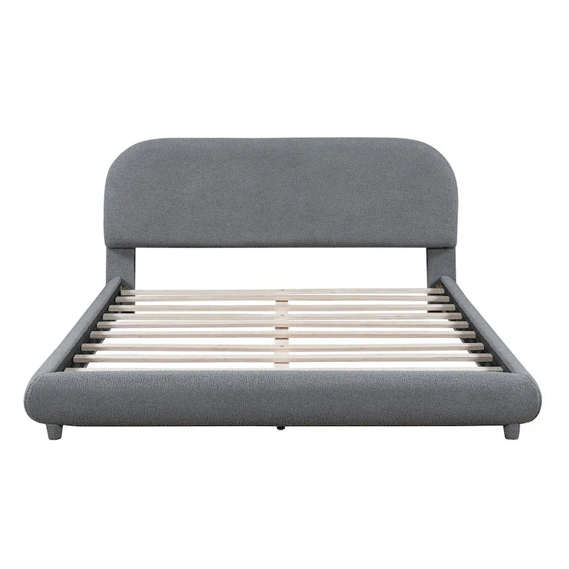 Teddy Fleece Queen Size Upholstered Platform Bed with Thick Fabric, Solid Frame and Stylish Curve-shaped Design