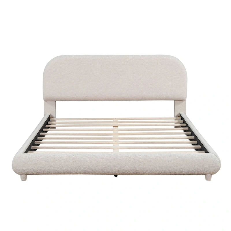 Teddy Fleece Queen Size Upholstered Platform Bed with Thick Fabric, Solid Frame and Stylish Curve-shaped Design